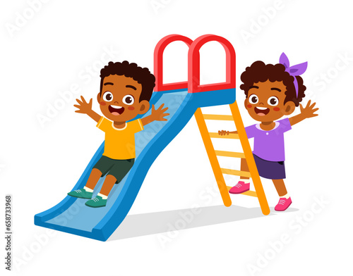 little kid play slide with friend
