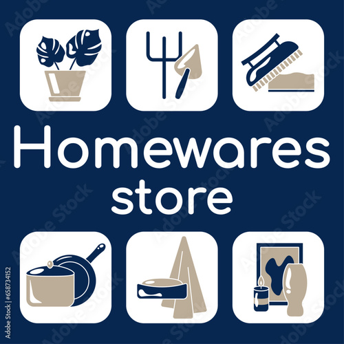 Minimalistic icons for housewares shop or website. Set of dark blue and beige icons with plants, shovel, soap, towel, painting, candle and kitcken utensils photo