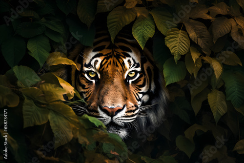 A close up of a tiger hidding behind some leaves © Eduardo