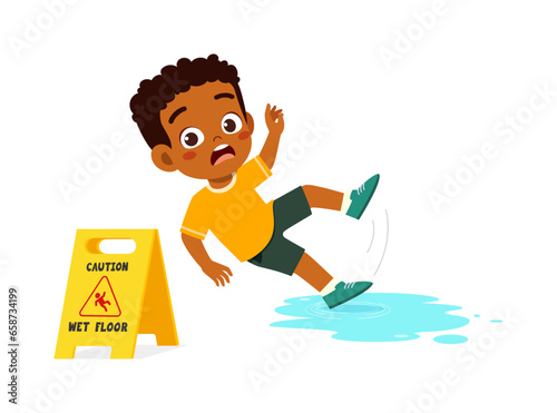 little kid walk on slippery wet floor