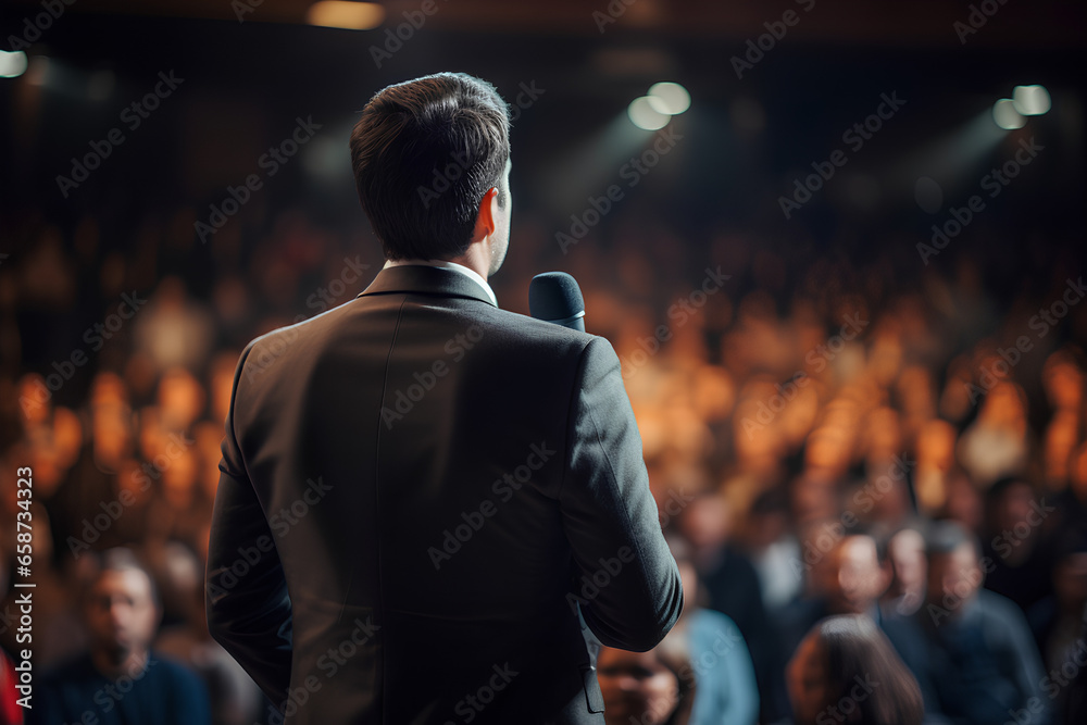 Back view of an orator giving a speech to the public Back view of an orator giving a speech to the public