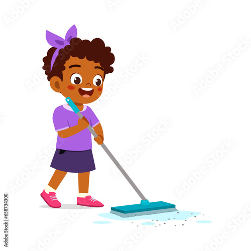 little kid cleaning floor with mop stick