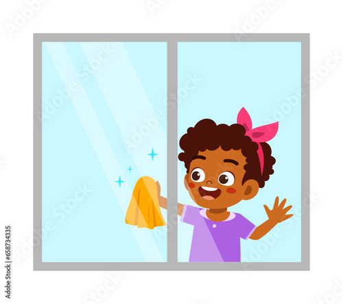 little kid wiping window and feel happy