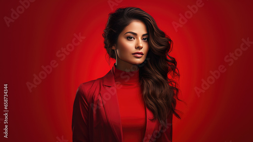 woman posing red background, upper body