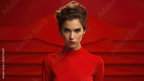 woman posing red background, upper body photo