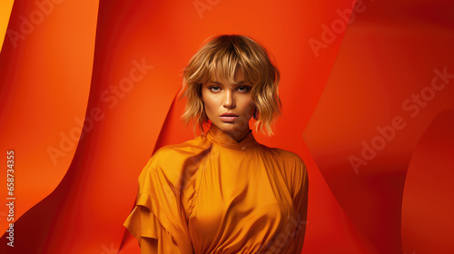 portrait of a woman, fashion cloches and orange background photo