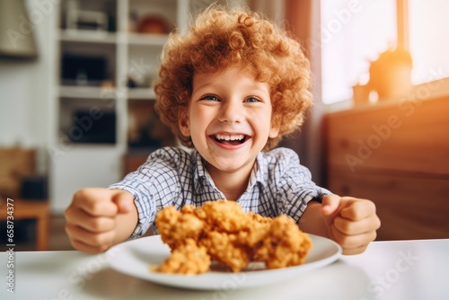 Happy Child eating delicious fried chicken at home,Generative AI. photo