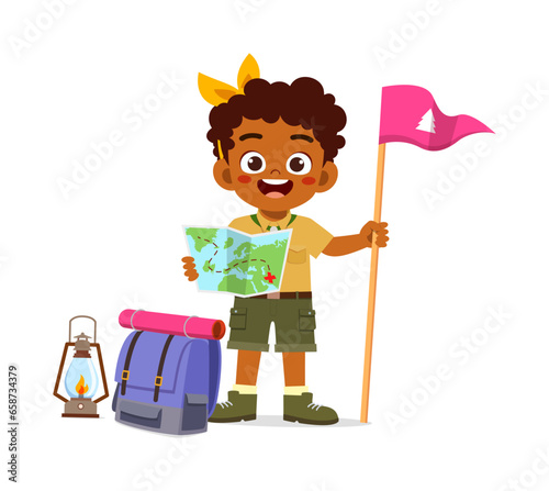 little kid wearing scout costume and feel happy