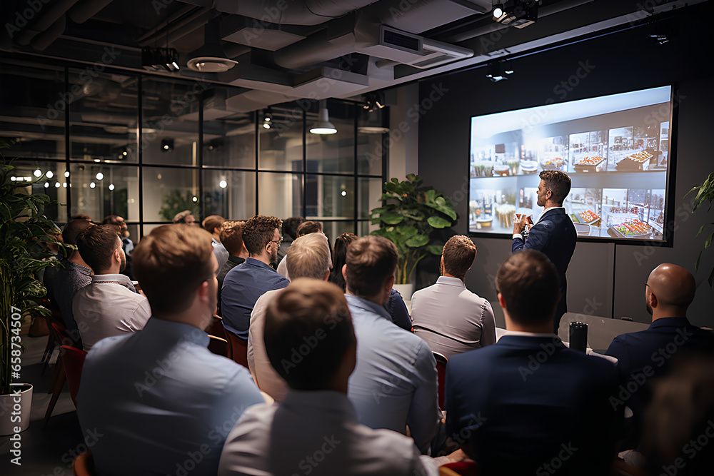 Employees looking at data screens during a meeting