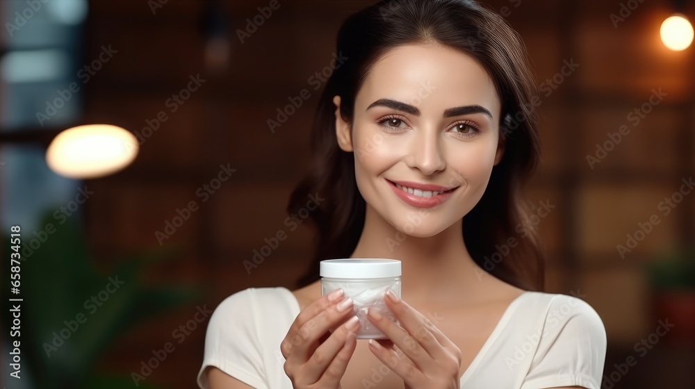 Beautiful woman smile use cream for good skin. face of a healthy woman apply cream and makeup. Advertisement for skin cream, anti-wrinkle, baby face, whitening, moisturizer, tighten pores serum Beautiful woman smile use cream for good skin. face of a healthy woman apply cream and makeup. Advertisement for skin cream, anti-wrinkle, baby face, whitening, moisturizer, tighten pores serum