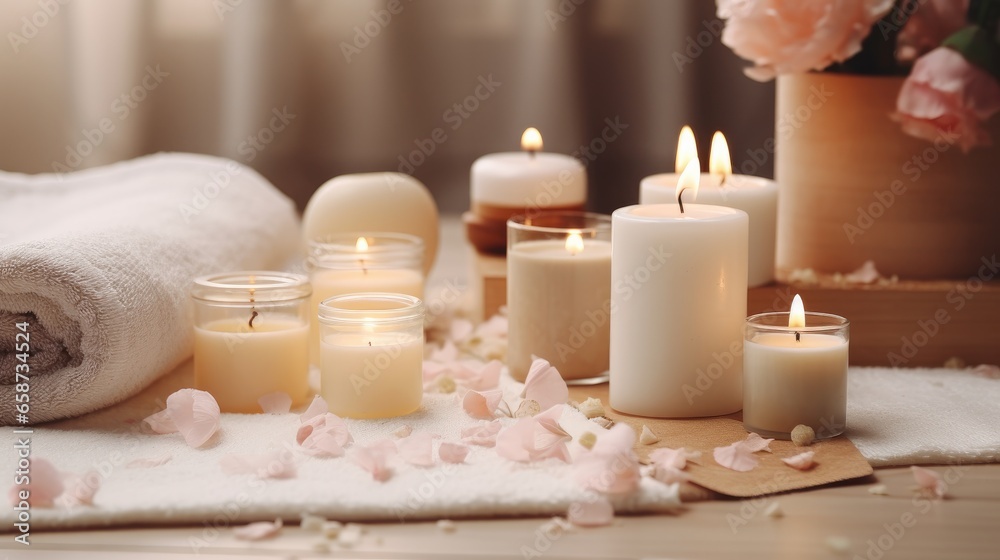 Beautiful spa treatment composition such as Towels, candles, essential oils, Massage Stones on light wooden background. blur living room, natural creams and moisturizing Healthy lifestyle, body care Beautiful spa treatment composition such as Towels, candles, essential oils, Massage Stones on light wooden background. blur living room, natural creams and moisturizing Healthy lifestyle, body care