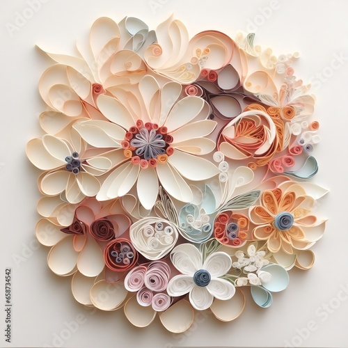Japanese paper art quilling, rolled paper floral bouquet, muted bohemian colors on white background © @retro studio8