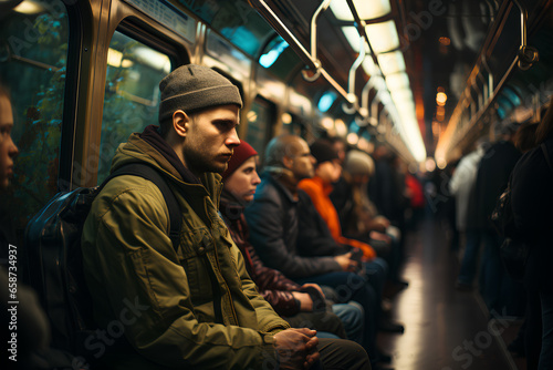 Subway scene with various passengers