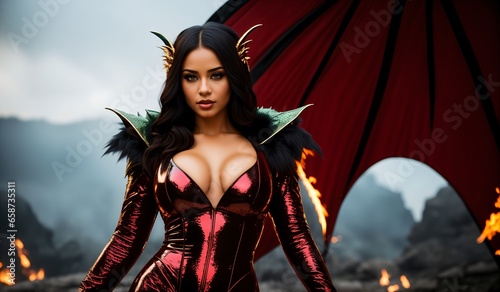 A beautiful young woman in a dragon costume. The dragon is a symbol of the new year 2024 according to the Eastern calendar. Fantasy cosplay. The magical world of fire and magic