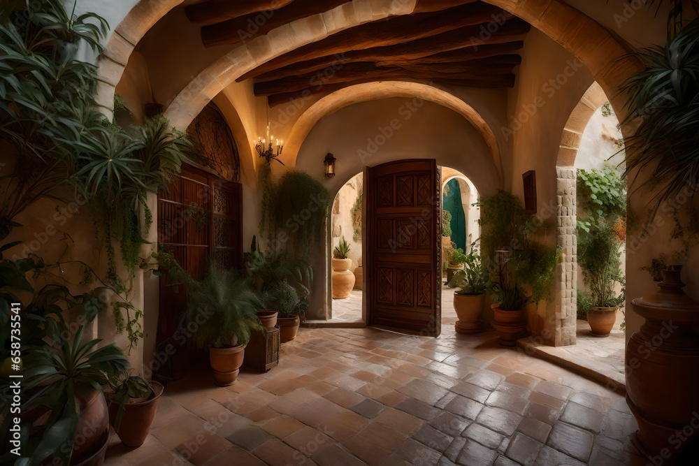 Write a narrative about the enchanting journey through a hallway with a gracefully curved arched door, leading you into a Mediterranean oasis filled with rustic elegance.