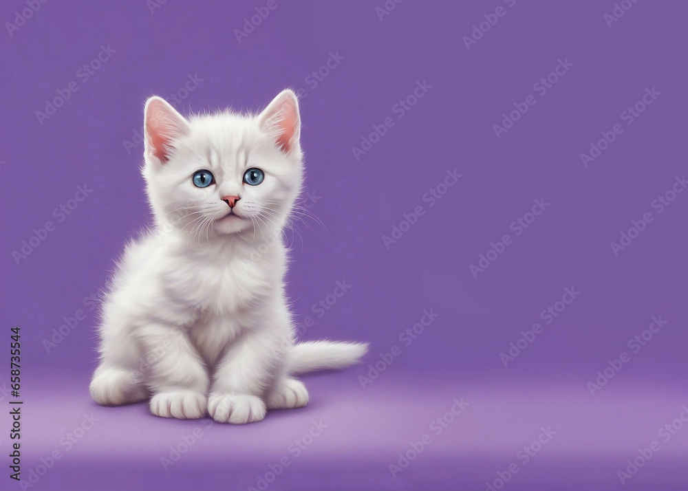 Cute white kitten isolated on a lilac background, copy space with place for text.