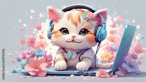 illustration of a cute cat using headphones and a laptop