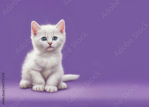 Cute white kitten isolated on a lilac background, copy space with place for text.