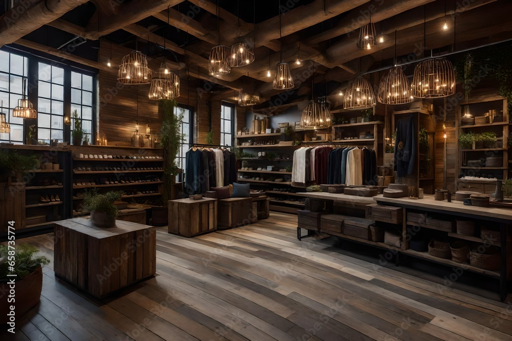 atural and reclaimed materials in a rustic retail space for a unique shopping experience.
