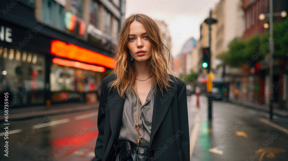 Fashionably dressed woman model in London street