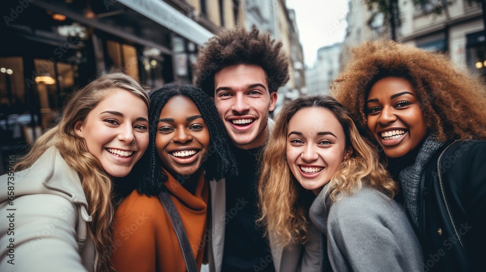 Mixed group of young people taking a selfie outdoors Mixed group of young people taking a selfie outdoors