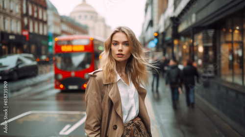 Fashionably dressed woman model in London street