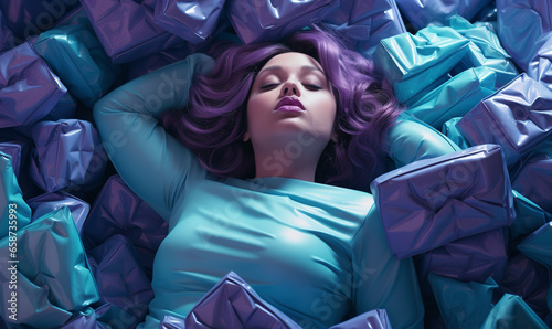 AI-generated photo of an obese girl buried under a mountain of candy wrappers. Exhausted with consumption. Experiencing body shaming, lack of healthy food choices, eating disorders and loneliness. 