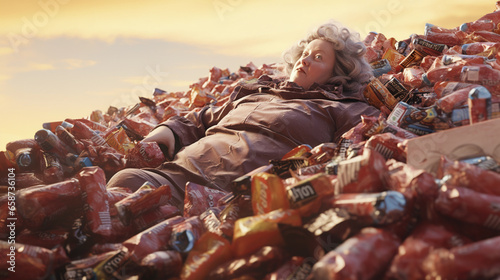 An AI-generated image of a woman, nestled beneath discarded candy wrappers. The motional intricacies tied to body shaming, lack of healthy food options, eating disorders, and deep loneliness. Empathy