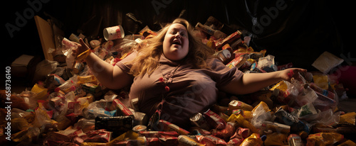 AI-generated photo of a woman buried under a mountain of discarded candy wrappers. The emotional complexities tied to body shaming, lack of healthy food choices, eating disorders, and deep loneliness 