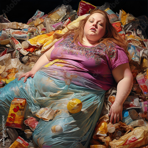 An AI-generated image of a woman, nestled beneath discarded candy wrappers. The motional intricacies tied to body shaming, lack of healthy food options, eating disorders, and deep loneliness. Empathy