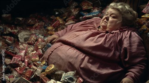 AI-generated photo of a woman buried under a mountain of discarded candy wrappers. The emotional complexities tied to body shaming, lack of healthy food choices, eating disorders, and deep loneliness 
