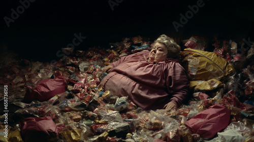 An AI-generated image of a woman, nestled beneath discarded candy wrappers. The motional intricacies tied to body shaming, lack of healthy food options, eating disorders, and deep loneliness. Empathy