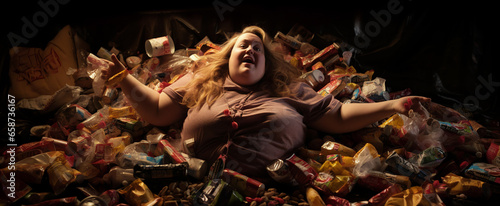 AI-generated photo of a woman buried under a mountain of discarded candy wrappers. The emotional complexities tied to body shaming, lack of healthy food choices, eating disorders, and deep loneliness 