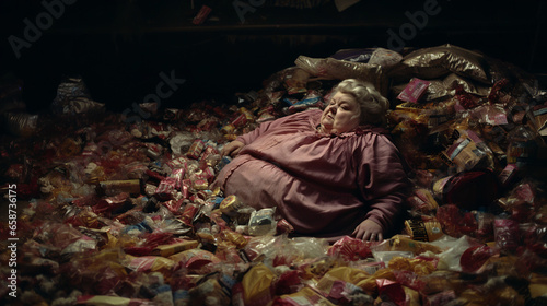 An AI-generated image of a woman, nestled beneath discarded candy wrappers. The motional intricacies tied to body shaming, lack of healthy food options, eating disorders, and deep loneliness. Empathy