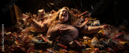 AI-generated photo of a woman buried under a mountain of discarded candy wrappers. The emotional complexities tied to body shaming, lack of healthy food choices, eating disorders, and deep loneliness 