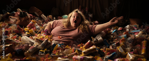 AI-generated photo of a woman buried under a mountain of discarded candy wrappers. The emotional complexities tied to body shaming, lack of healthy food choices, eating disorders, and deep loneliness  © Guttersnipe