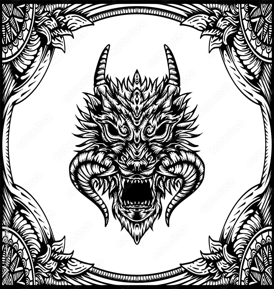 Fototapeta premium hand drawn dragon with floral ornamen