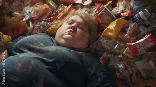 AI-generated photo of a woman sleeping buried under a mountain of candy wrappers. The emotional complexities of experiencing body shaming, lack of healthy food choices, eating disorder and loneliness