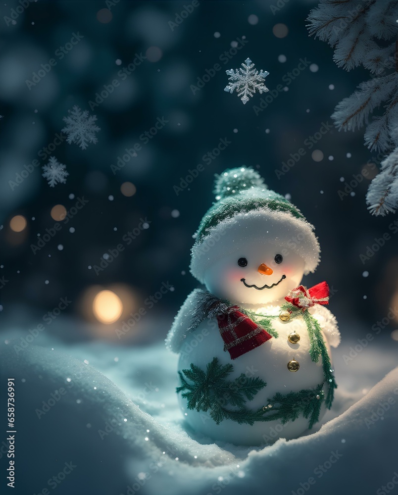 Fototapeta premium Christmas background of light snowfall falling with beautiful bokeh, a cute cheerful snowman in the snow, snowy background, Christmas wallpaper, Generative AI, Generative, AI