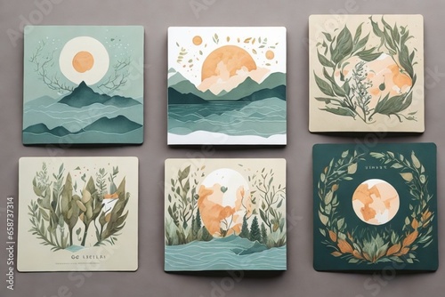 Inspired by the beauty of nature, your goal is to design a series of cards that capture the essence of different natural elements. Each card will represent a different element, such as the sun