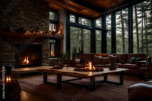 Craft a vivid scene of a tranquil evening by the fireplace  with the live-edge coffee table offering the perfect spot for a rustic board game in this woodland retreat.