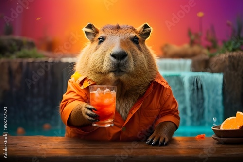 A beaver Holding a drink - caproly- animal is a cafe/beer shop photo