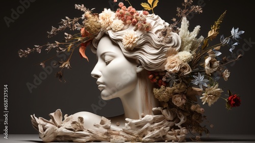 The marble head of a Greek goddess, in the form of an exquisite vase, is decorated with a delightful bouquet.