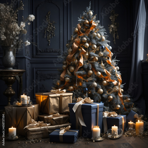 Christmas tree with lights, decorations and matching colors and with gift packages of different sizes in elegant and refined packaging. Christmas scene, warm and cozy atmosphere ​ © Patrizia Paradiso