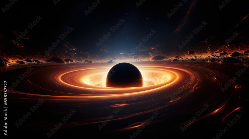 Spiraling cinematic rendering of a pure black, Black Hole warping light,  consuming a galaxy star, and bending spacetime  rings, around its orbit  in deep space - obrazy, fototapety, plakaty 