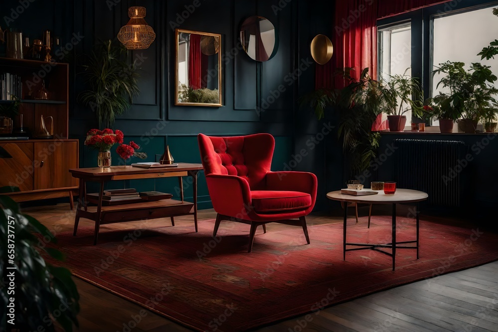 Craft a poem that captures the essence of the mid-century living room, where the red armchair and wooden coffee table create a harmonious blend of vintage and contemporary aesthetics.