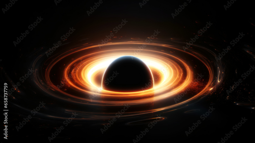 Spiraling cinematic rendering of a pure black, Black Hole warping light, consuming a galaxy star, and bending spacetime rings, around its orbit. Spiraling cinematic rendering of a pure black, Black Hole warping light, consuming a galaxy star, and bending spacetime rings, around its orbit.