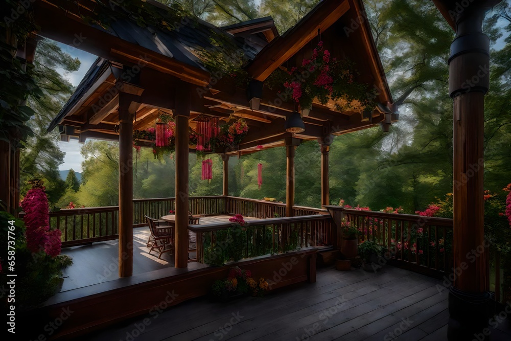 sensory-rich description of the gabled porch and landing, highlighting the soothing sounds of the wind chimes and the scent of blooming flowers nearby.