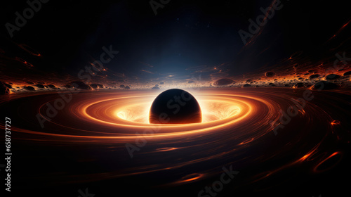Spiraling cinematic rendering of a pure black, Black Hole warping light,  consuming a galaxy star, and bending spacetime  rings, around its orbit  in deep space photo