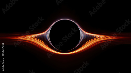 Spiraling cinematic rendering of a pure black hole warping light,  consuming a galaxy star, and bending spacetime  rings, around its orbit in outer space.